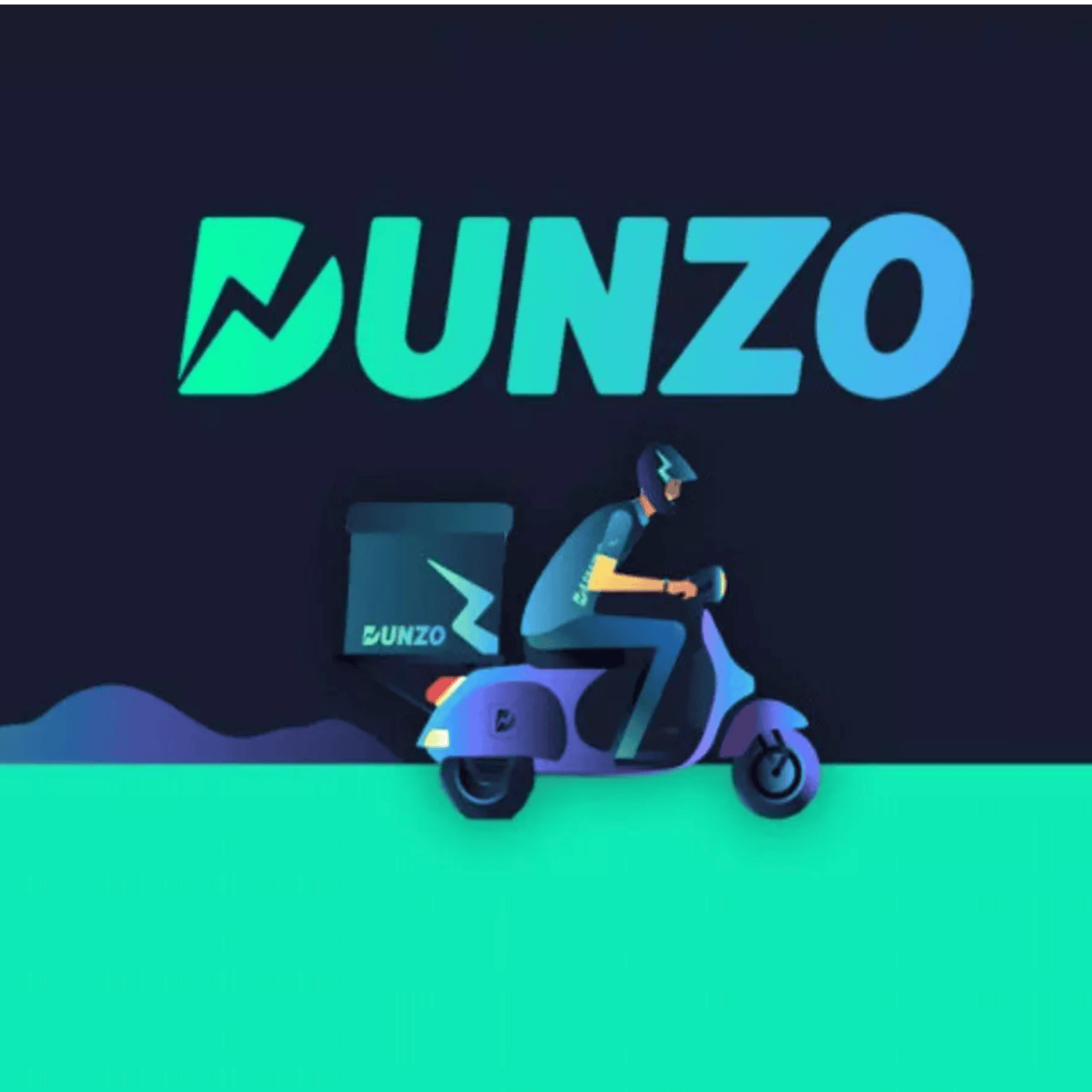 logo on dunzo along with image of a man delivery man on a bike