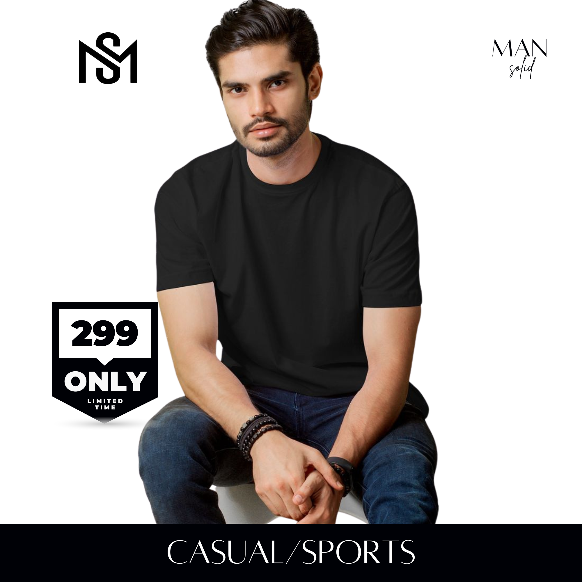 Black Essential Round Neck Short Sleeve T-Shirt (Casual/Sports)