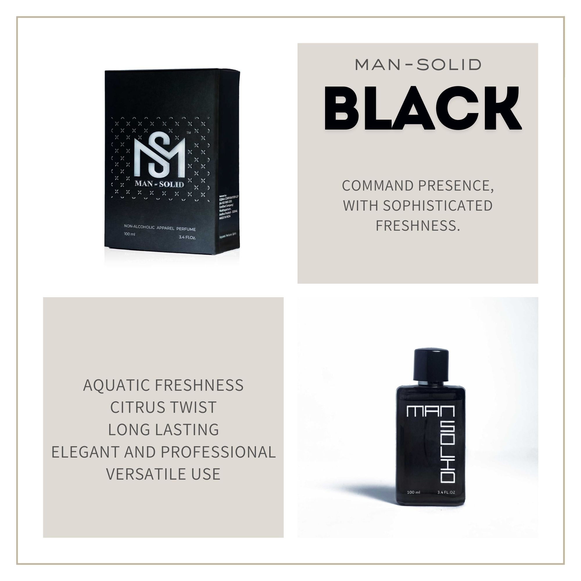 Man-Solid Black Official |An Aquatic and Fresh Citrus Blend | An ultimate official Eau de Parfum - 100 ml  (For Men)