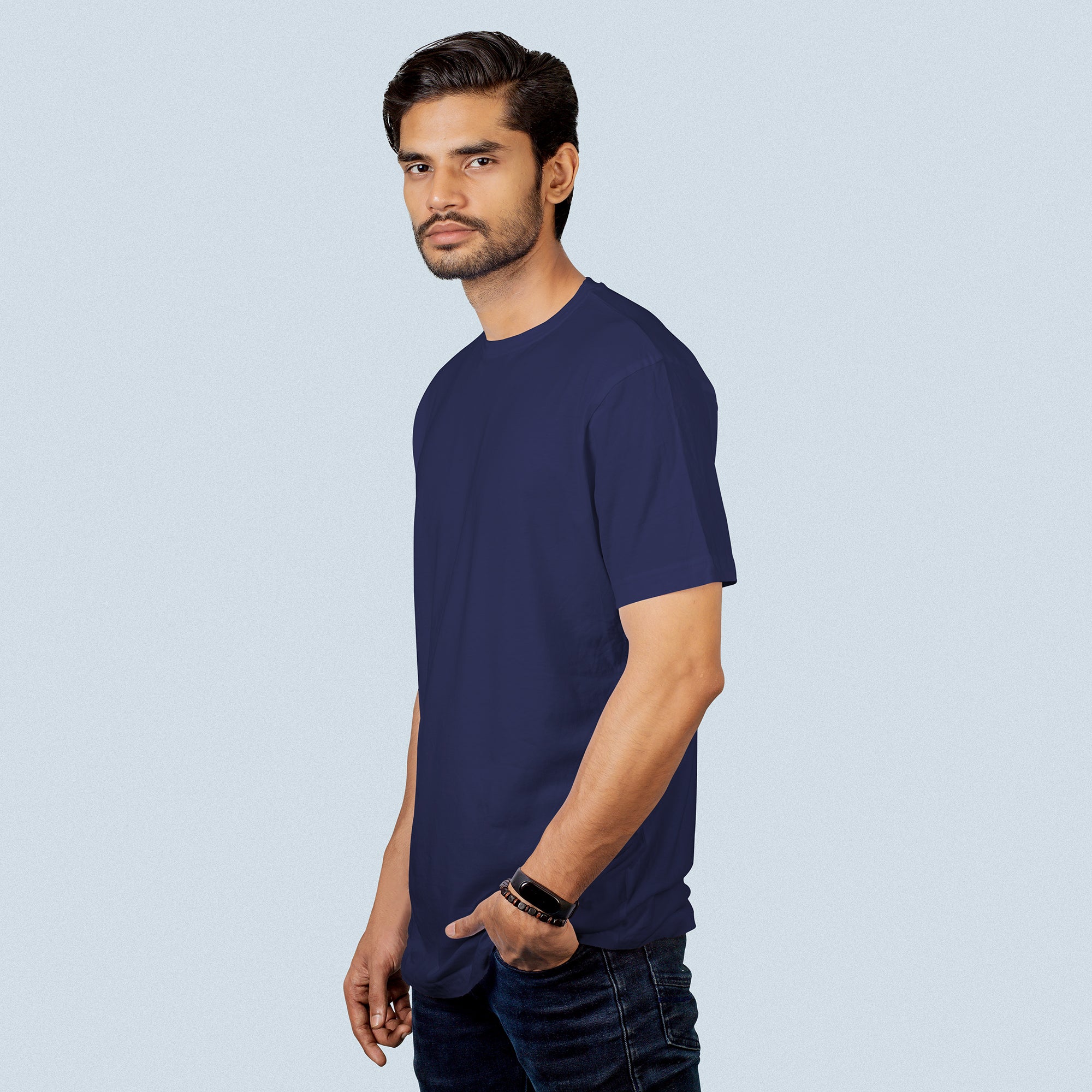 Navy Blue Essential Round Neck Short Sleeve T-Shirt (Casual/Sports)